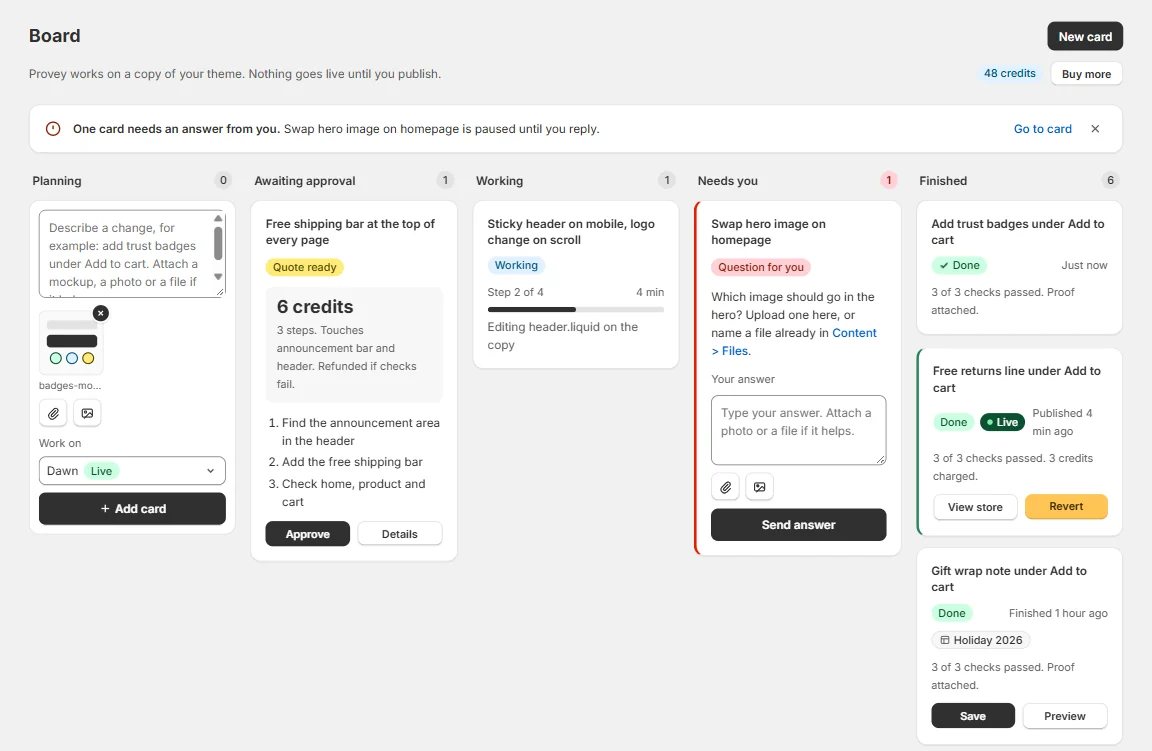 The Provey board: cards in Planning, Awaiting approval, Working, Needs you, and Finished columns, each with its quote, progress, or checks